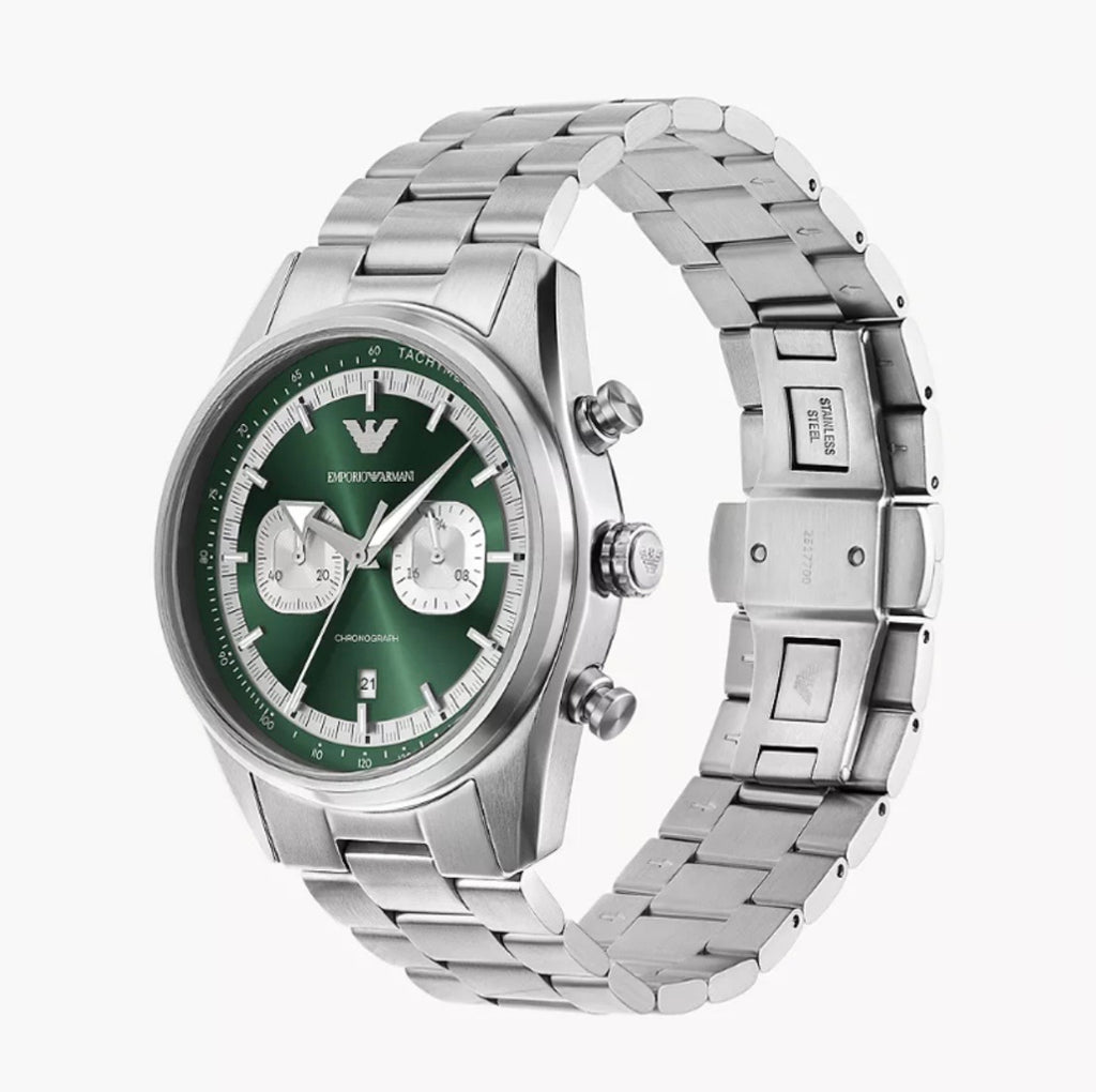 Emporio Armani AR11637 Men’s Quartz Green Dial Watch with Silver Stainless Steel Bracelet – 42mm