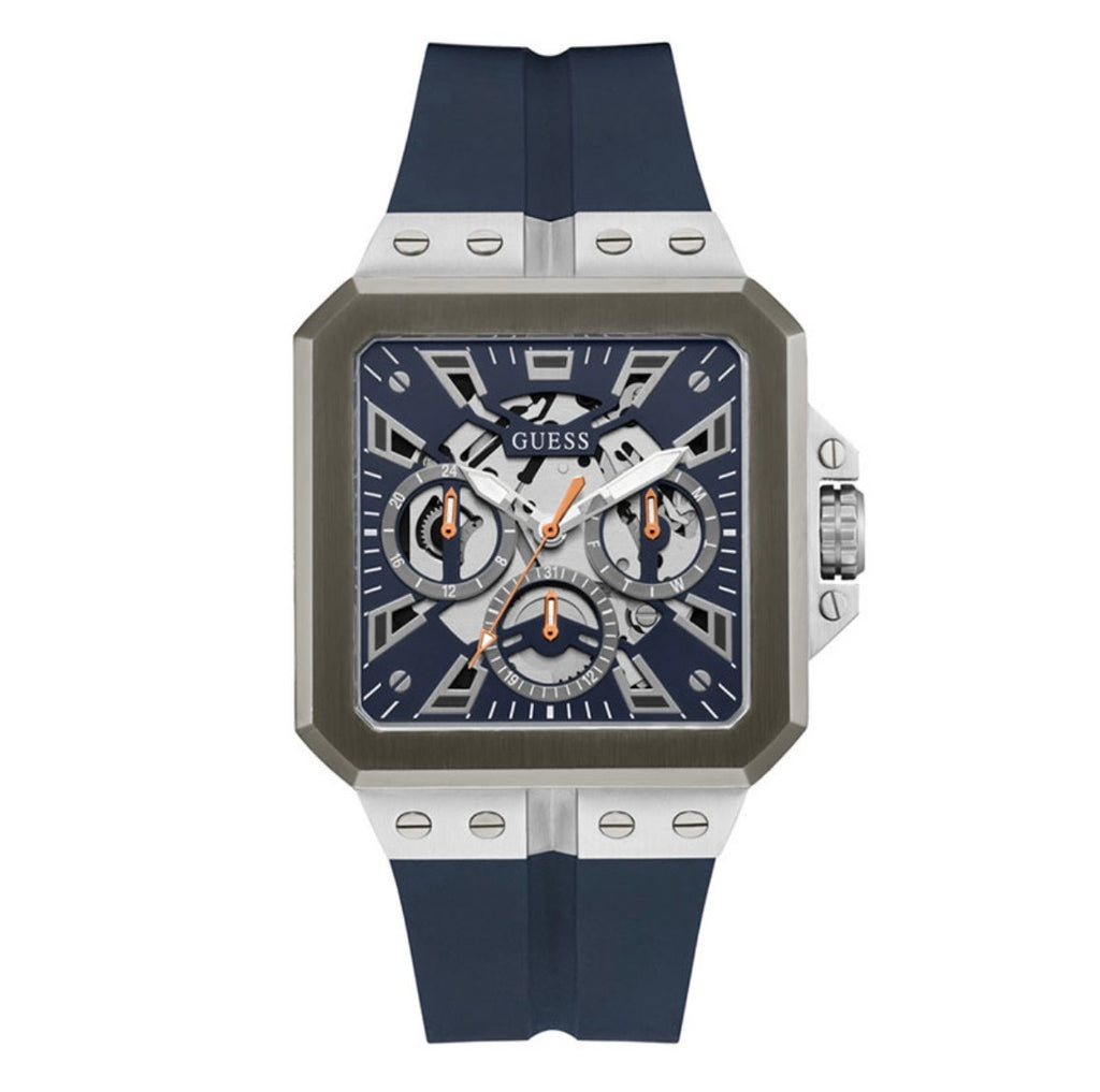 Guess Leo Square Men's Watch – 42mm Navy Blue Dial & Silicone Strap (GW0637G1)