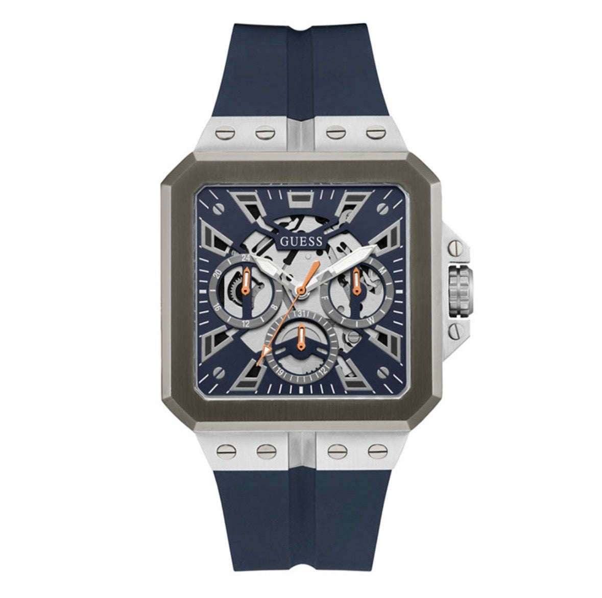 Guess Leo Square Men's Watch – 42mm Navy Blue Dial & Silicone Strap (GW0637G1)