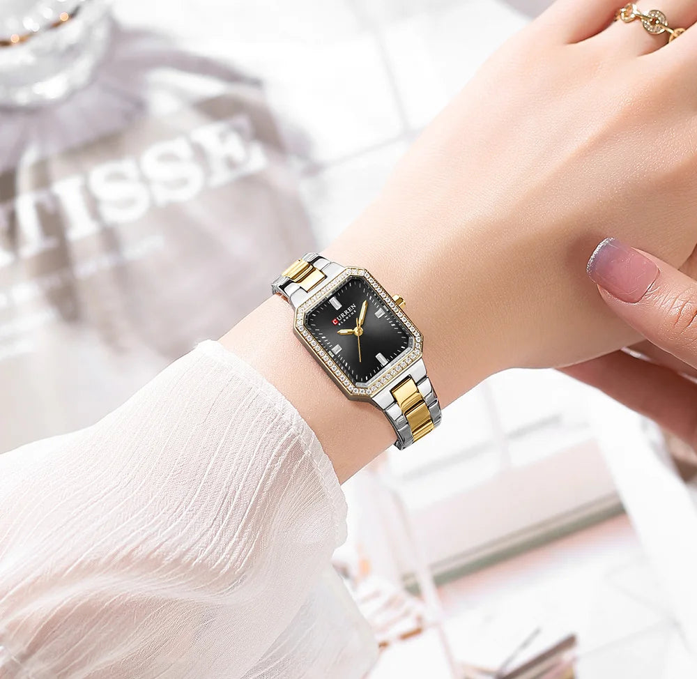CURREN 9102 Blanche Women's Stainless Steel Watch – Two-Tone Luxury Rectangular Quartz Wristwatch