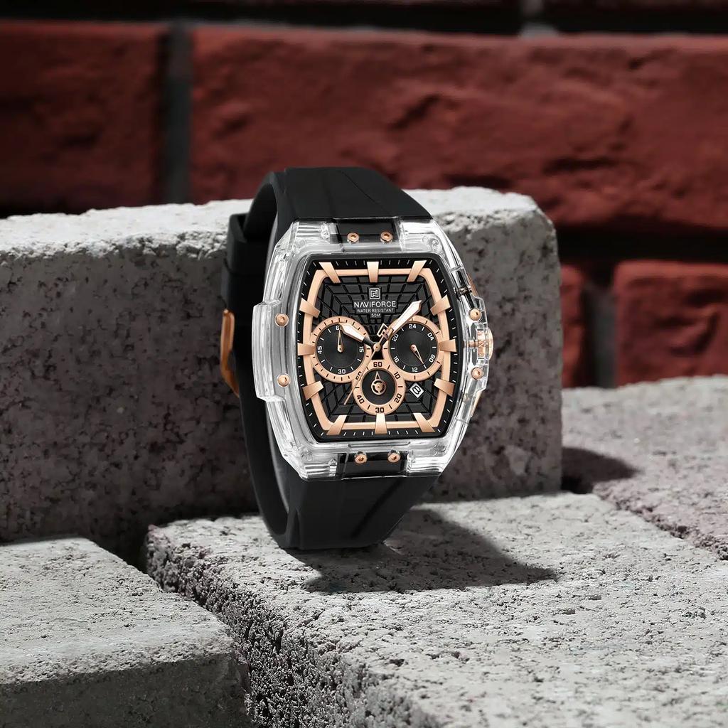 NAVIFORCE 6113 Men's Sports Watch | Transparent Chronograph Waterproof Quartz Luxury Watch with Black Silicone Strap - Rose Gold & Black Dial