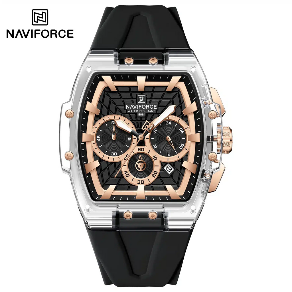 NAVIFORCE 6113 Men's Sports Watch | Transparent Chronograph Waterproof Quartz Luxury Watch with Black Silicone Strap - Rose Gold & Black Dial