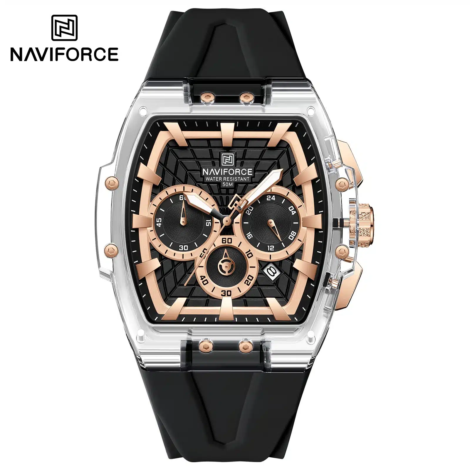 NAVIFORCE 6113 Men's Sports Watch | Transparent Chronograph Waterproof Quartz Luxury Watch with Black Silicone Strap - Rose Gold & Black Dial
