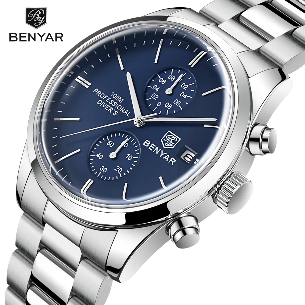 Benyar BY-5187 Professional Diver's Chronograph Men's Watch – Blue Dial & Steel Bracelet