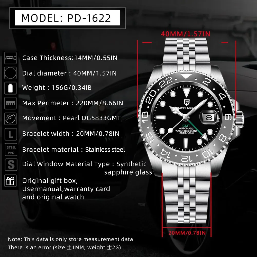 Pagani Design PD-1662 Automatic GMT Men's Watch – 40mm Luxury Mechanical Timepiece