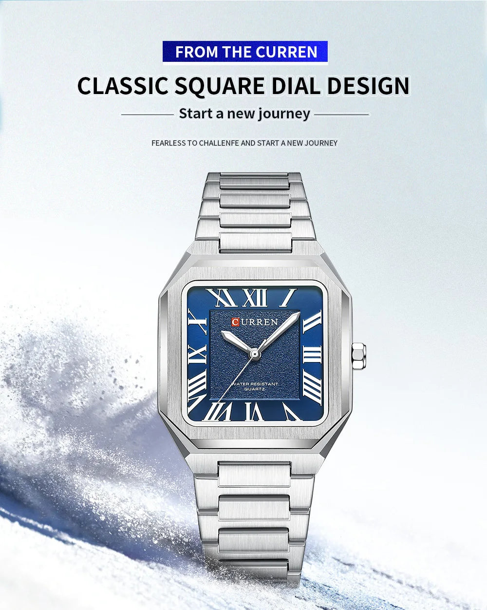 CURREN 8482 Men's Classic Square Watch – Stainless Steel with Blue Roman Numeral Dial
