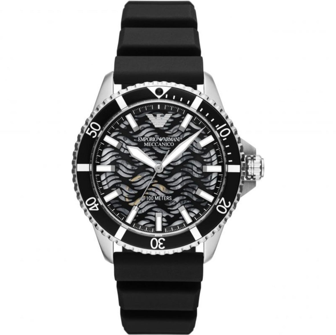 Emporio Armani AR60062 Men’s Automatic Black Dial Watch with Black Silicone Strap – 42mm