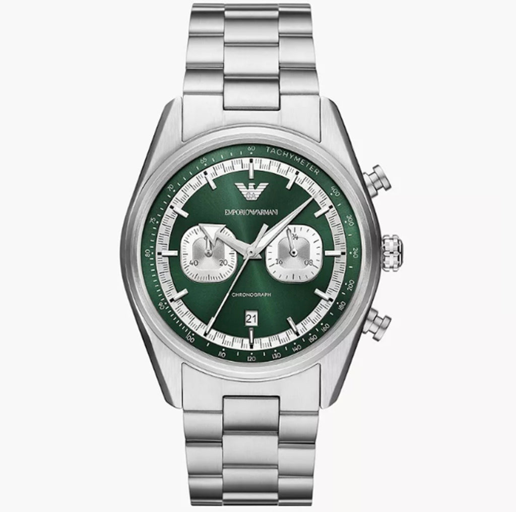 Emporio Armani AR11637 Men’s Quartz Green Dial Watch with Silver Stainless Steel Bracelet – 42mm