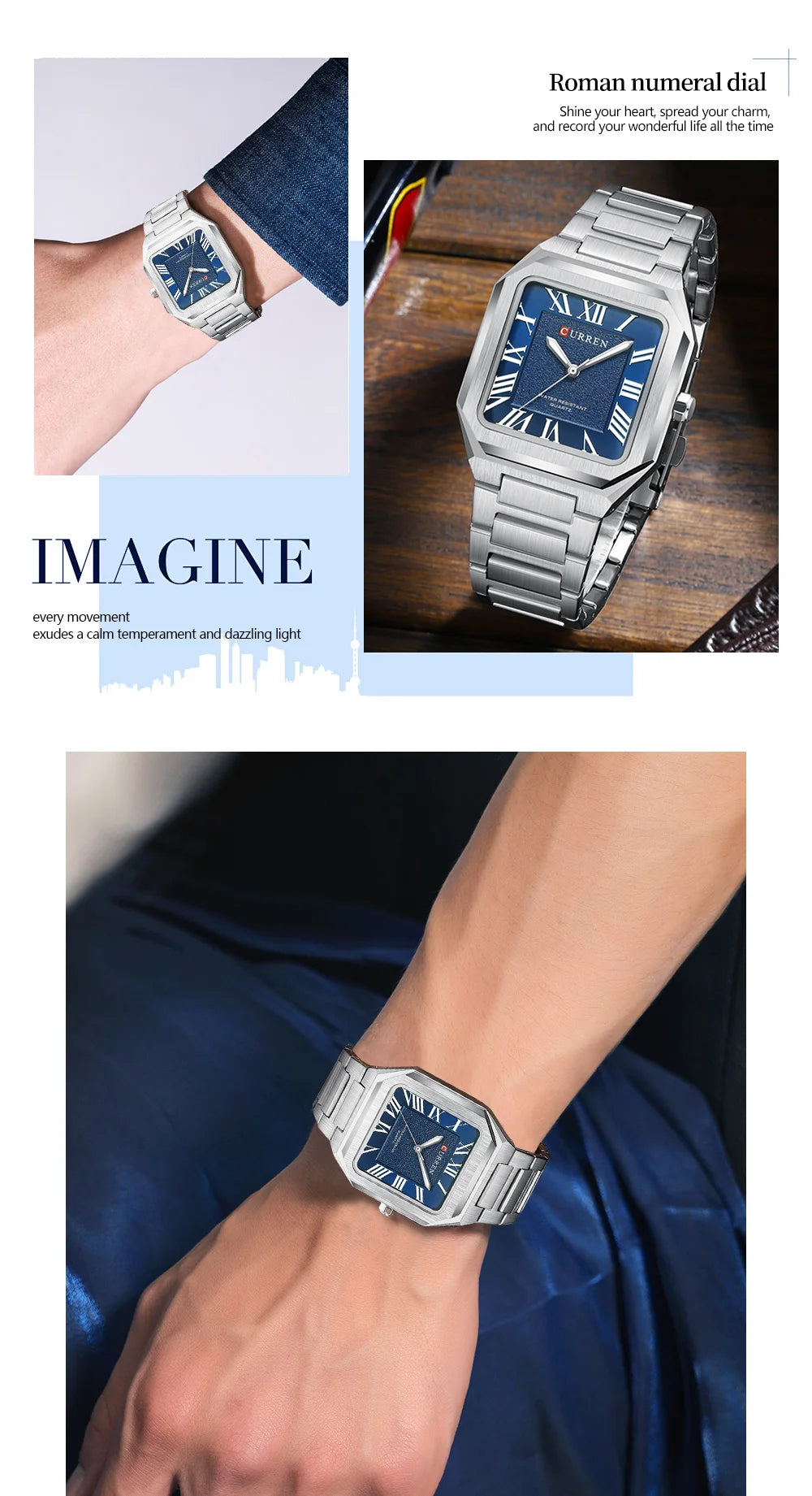 CURREN 8482 Men's Classic Square Watch – Stainless Steel with Blue Roman Numeral Dial