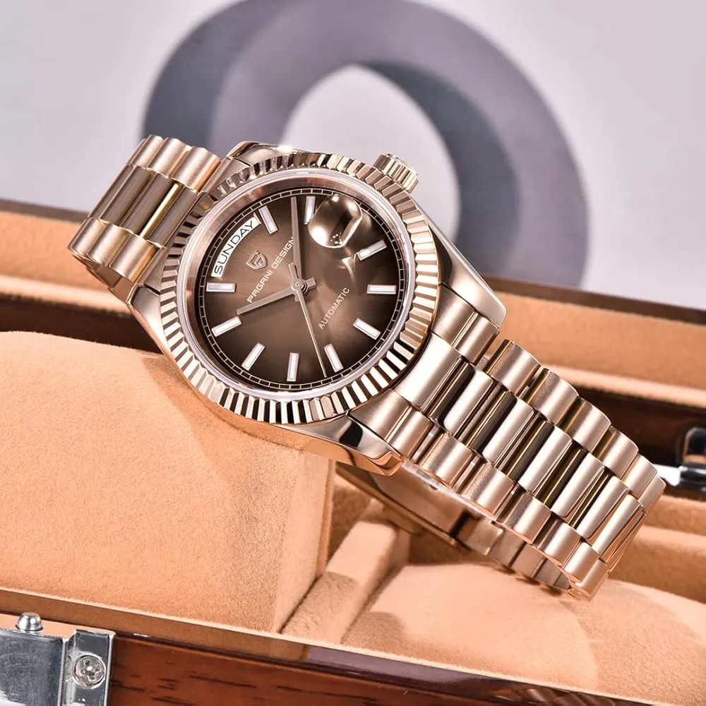 Pagani Design PD-1752-14 Men’s Automatic Rose Gold Stainless Steel Brown Dial Watch – Sapphire Crystal, 100M Water Resistant