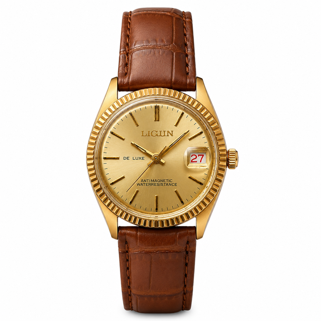 Pre-Owned Vintage Ligun De Luxe Swiss Parts Mechanical Hand-Wind Gold Watch with Fluted Bezel