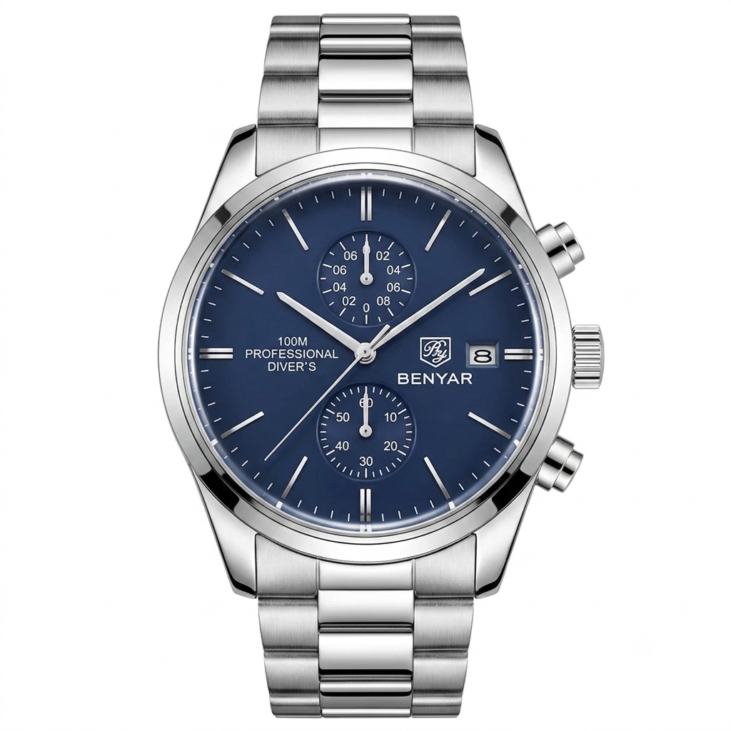 Benyar BY-5187 Professional Diver's Chronograph Men's Watch – Blue Dial & Steel Bracelet