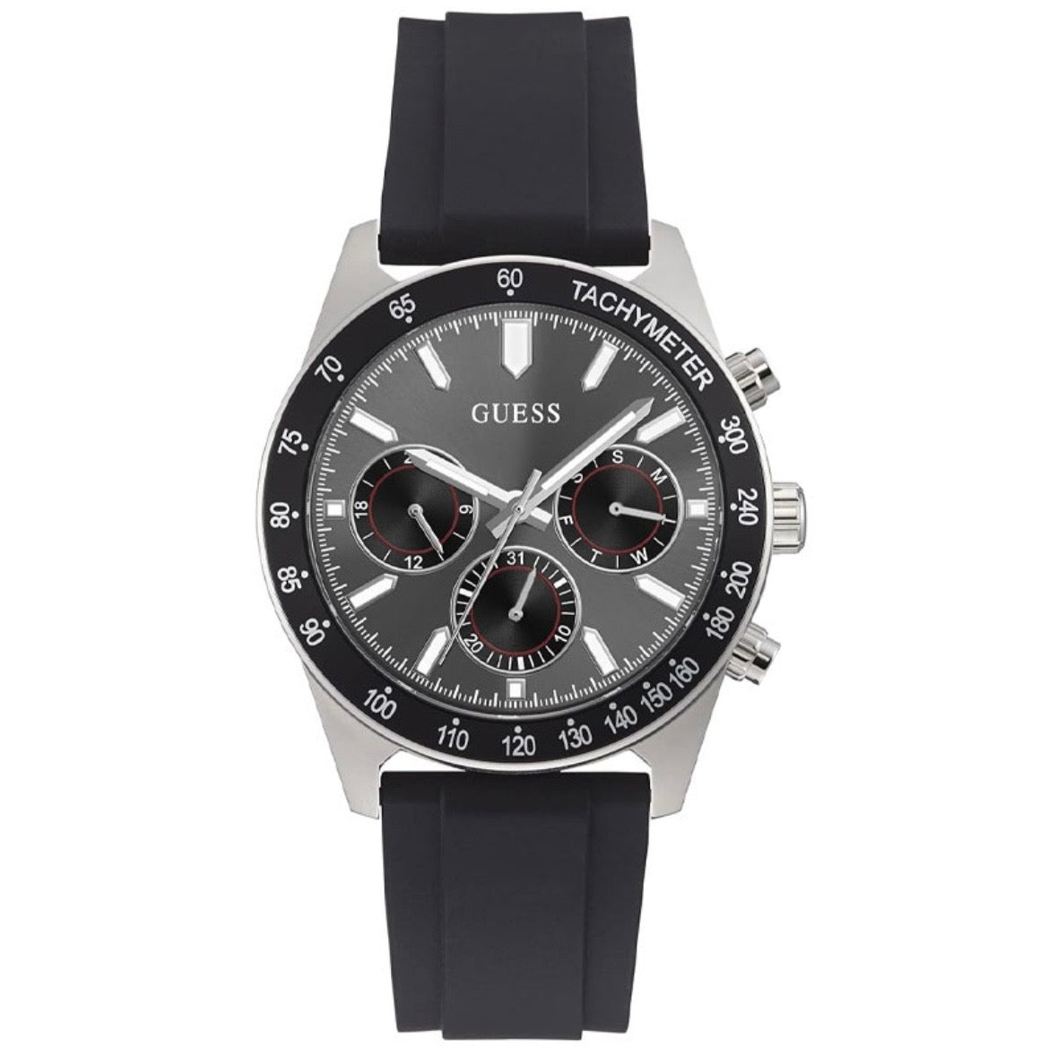 Guess GW0332G1 Men’s Quartz Black Dial Watch with Black Silicone Strap – 42mm