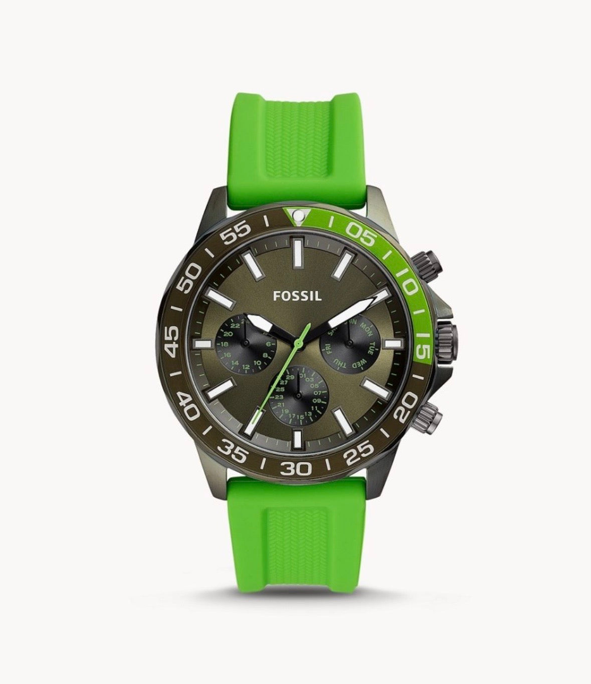 Fossil BQ2501 Men’s Quartz Green Dial Watch with Green Silicone Strap – 45mm