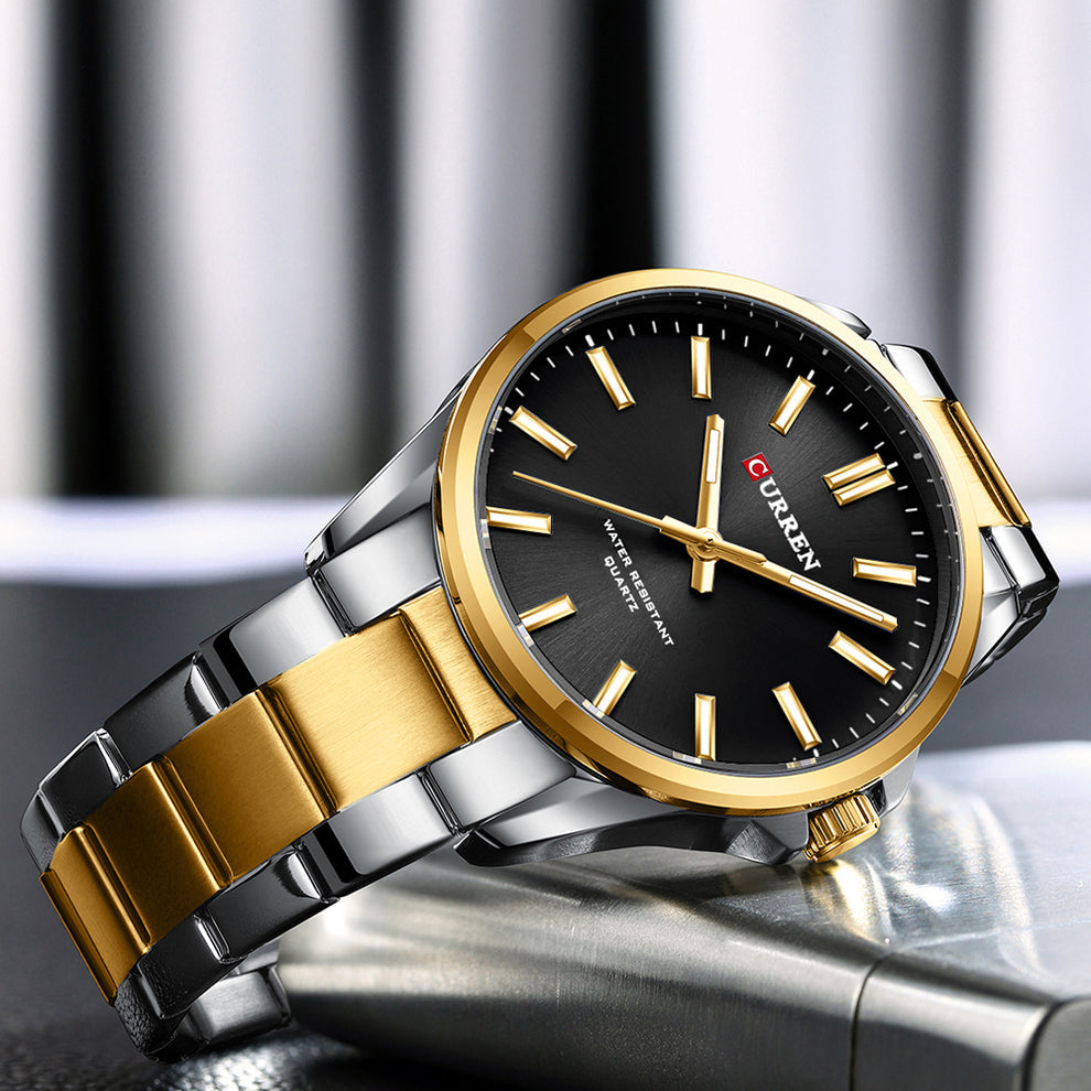 CURREN 9090 Men's Two-Tone Stainless Steel Watch – Black Dial Luxury Edition