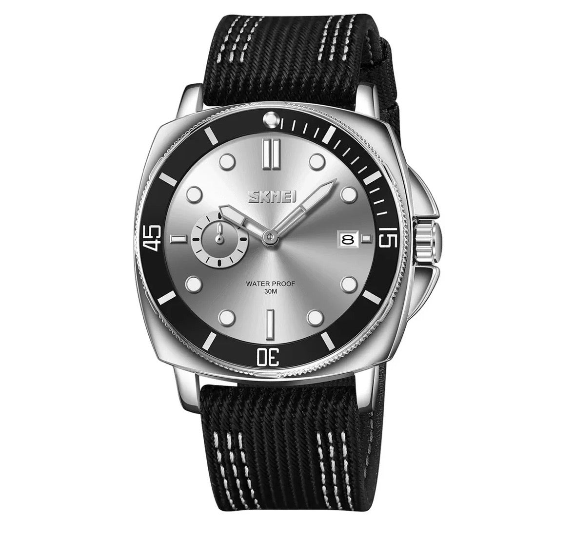 SKMEI 9328 Men's Casual Analog Quartz Watch – Silver Dial with Black Nylon Strap
