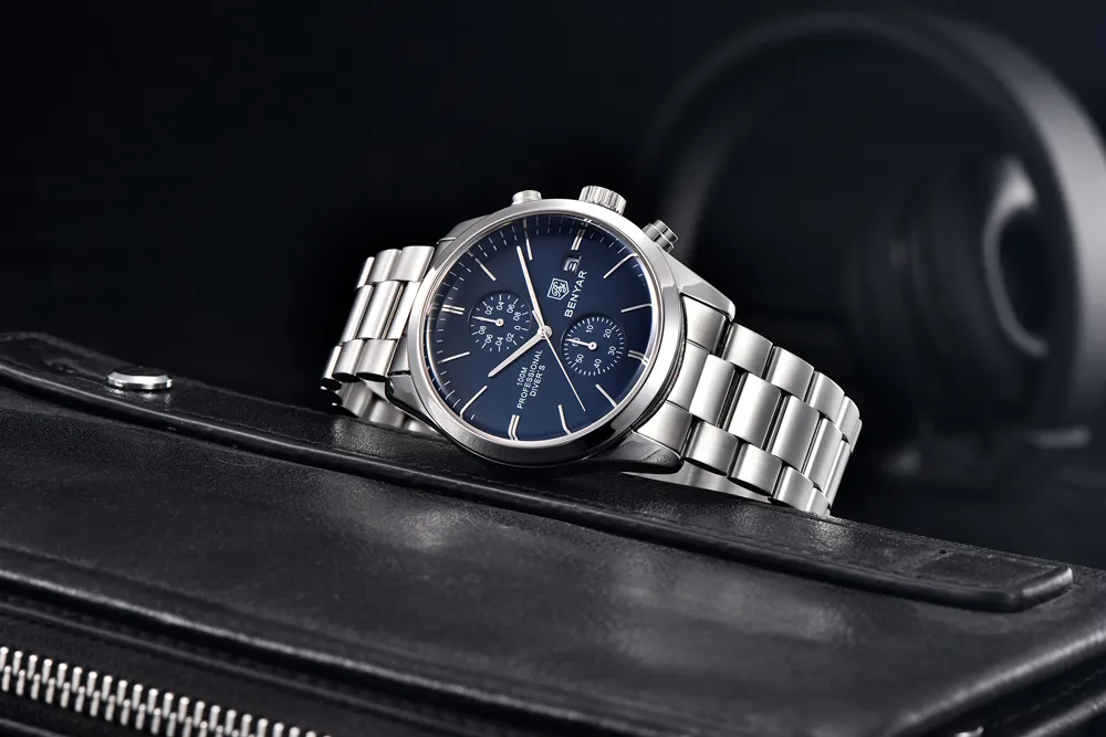 Benyar BY-5187 Professional Diver's Chronograph Men's Watch – Blue Dial & Steel Bracelet