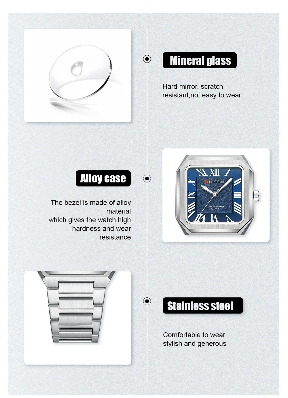 CURREN 8482 Men's Classic Square Watch – Stainless Steel with Blue Roman Numeral Dial