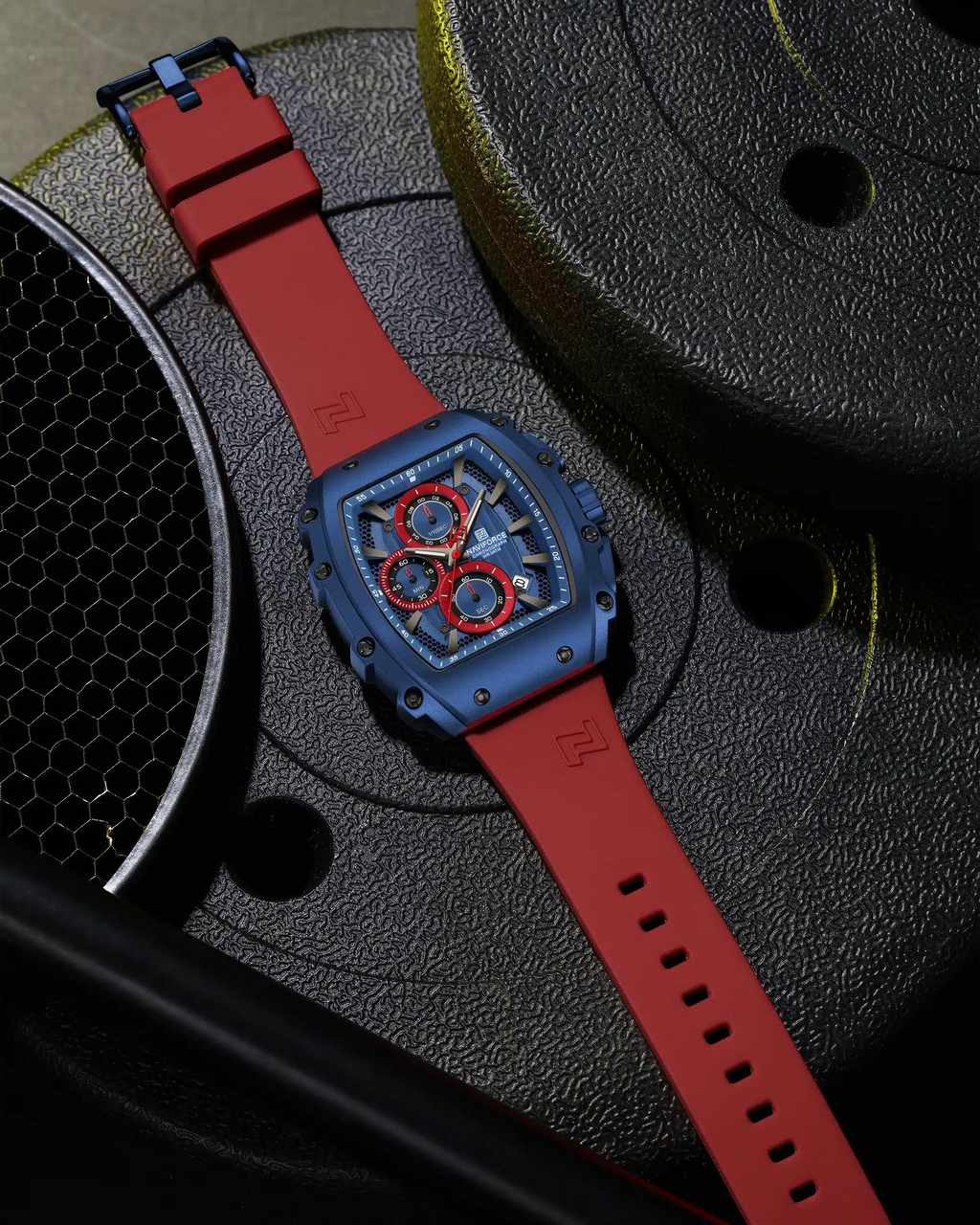 NAVIFORCE NF8070 Men’s Quartz Chronograph Barrel-Shaped Watch 43mm Fumed Silica Strap
