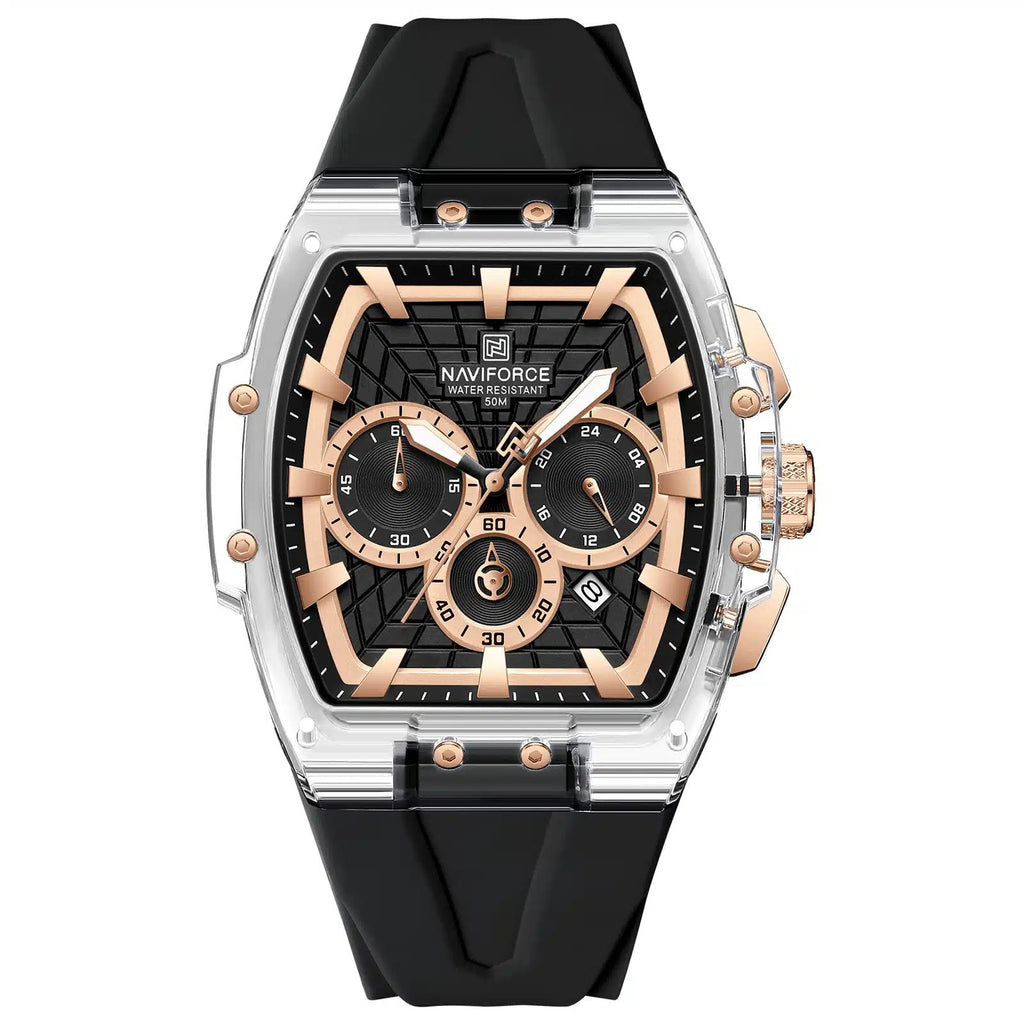 NAVIFORCE 6113 Men's Sports Watch | Transparent Chronograph Waterproof Quartz Luxury Watch with Black Silicone Strap - Rose Gold & Black Dial