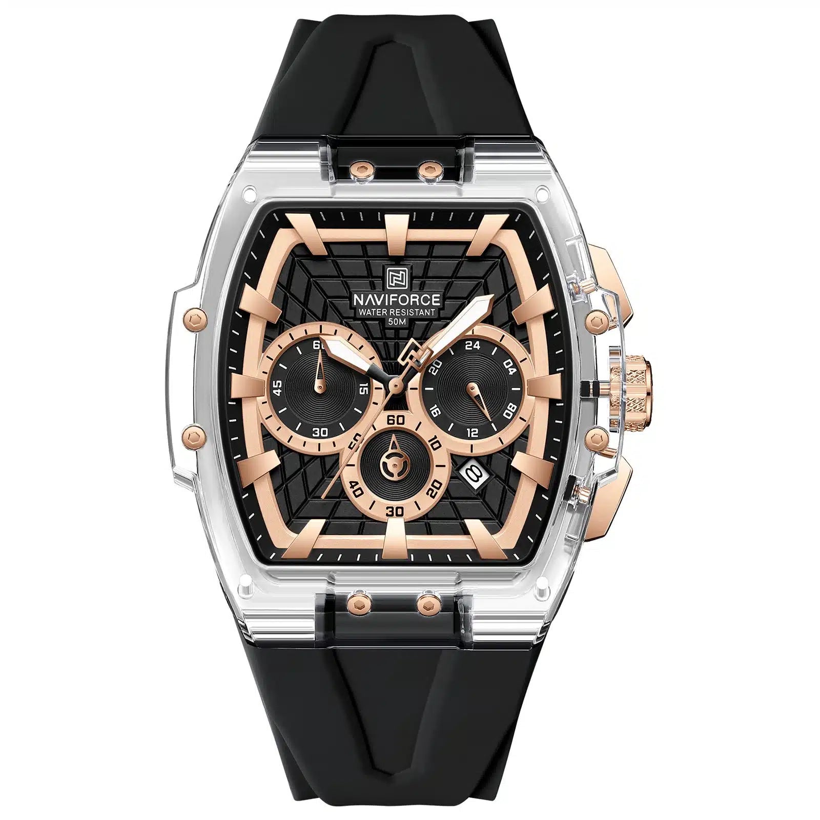 NAVIFORCE 6113 Men's Sports Watch | Transparent Chronograph Waterproof Quartz Luxury Watch with Black Silicone Strap - Rose Gold & Black Dial