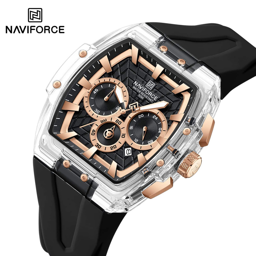 NAVIFORCE 6113 Men's Sports Watch | Transparent Chronograph Waterproof Quartz Luxury Watch with Black Silicone Strap - Rose Gold & Black Dial