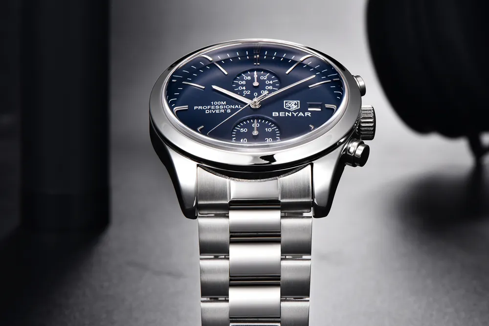 Benyar BY-5187 Professional Diver's Chronograph Men's Watch – Blue Dial & Steel Bracelet