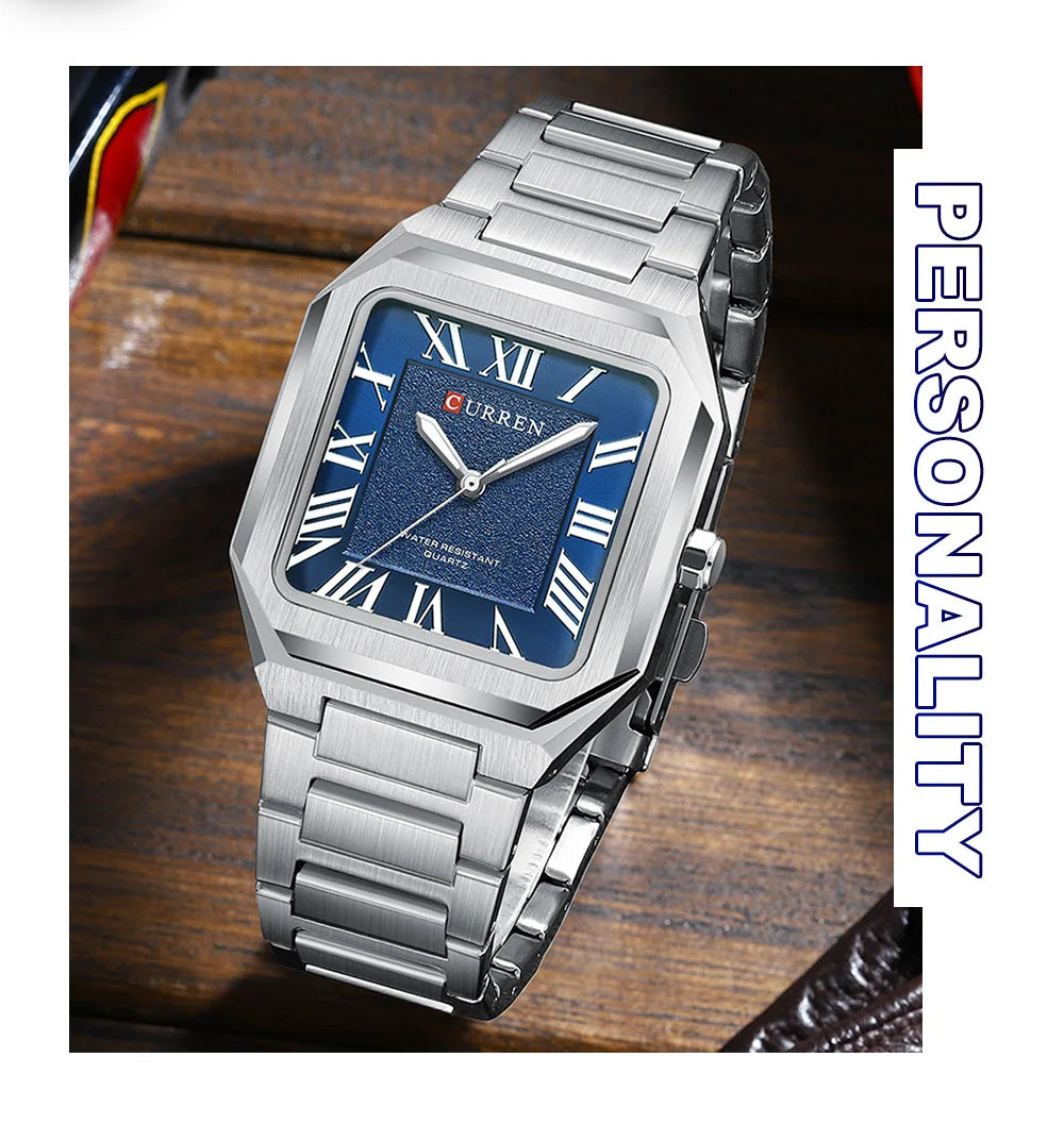 CURREN 8482 Men's Classic Square Watch – Stainless Steel with Blue Roman Numeral Dial
