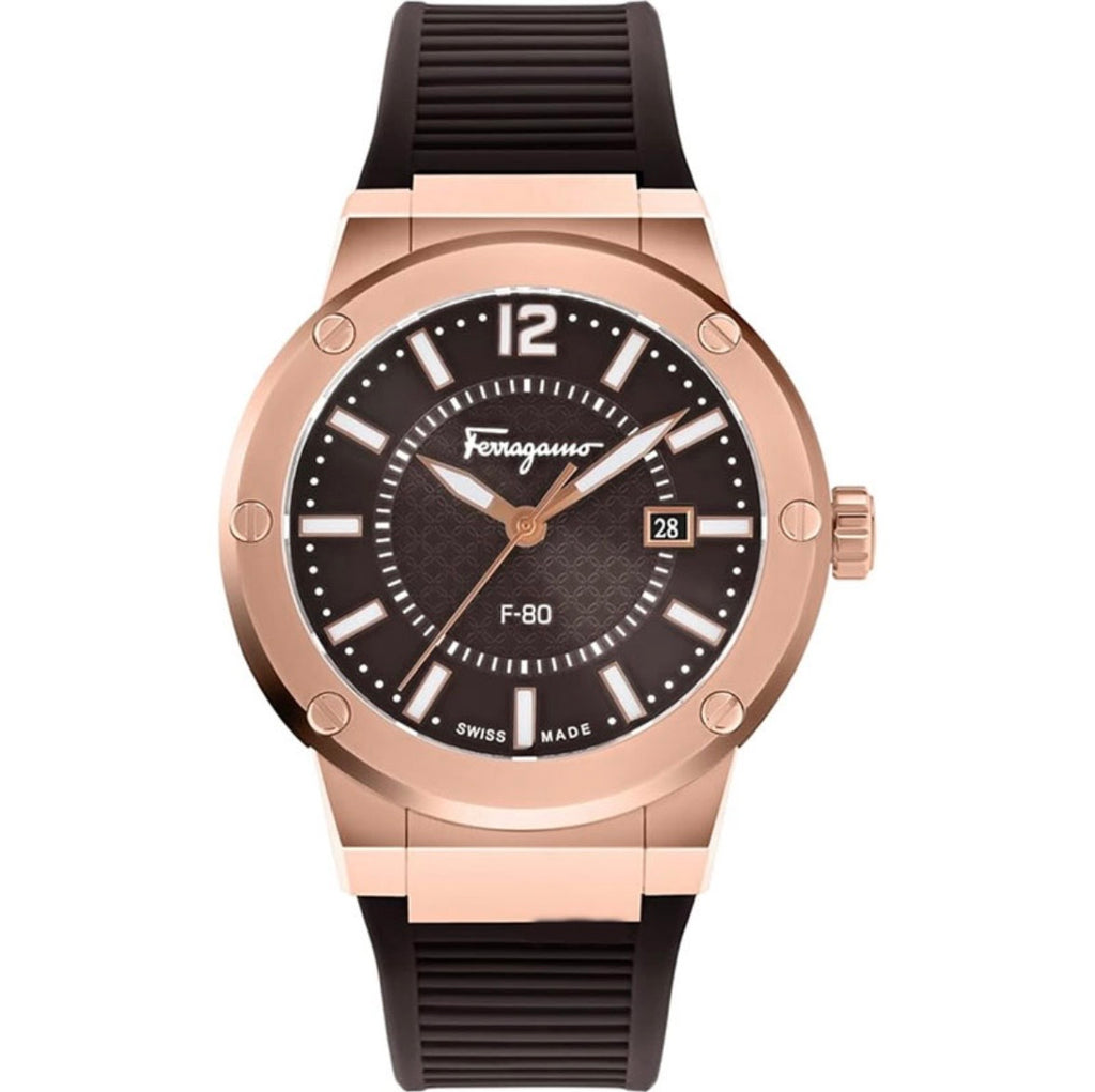 Ferragamo SFHY02522 Men’s Swiss Made Quartz Watch 44mm Brown Dial Silicone Strap