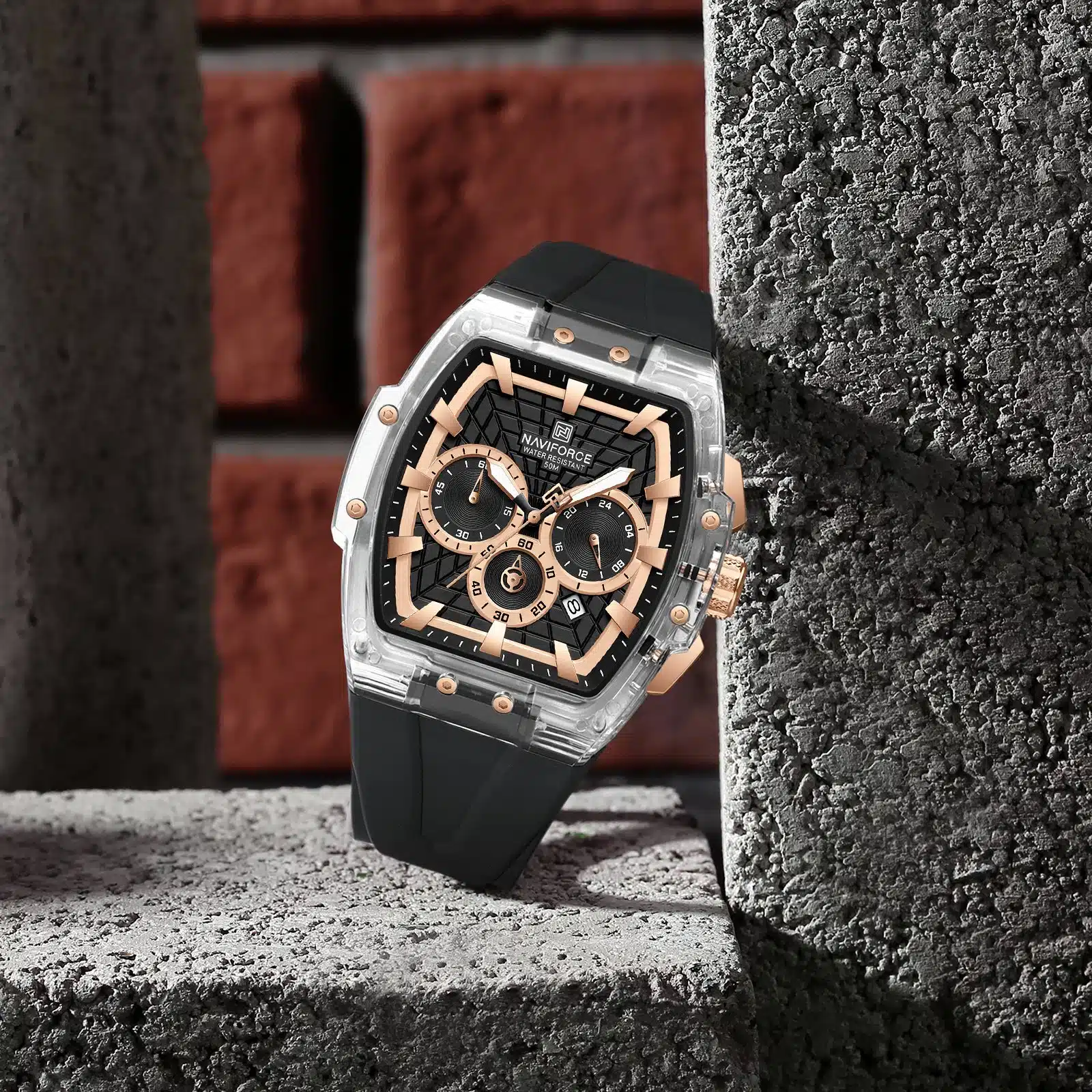 NAVIFORCE 6113 Men's Sports Watch | Transparent Chronograph Waterproof Quartz Luxury Watch with Black Silicone Strap - Rose Gold & Black Dial