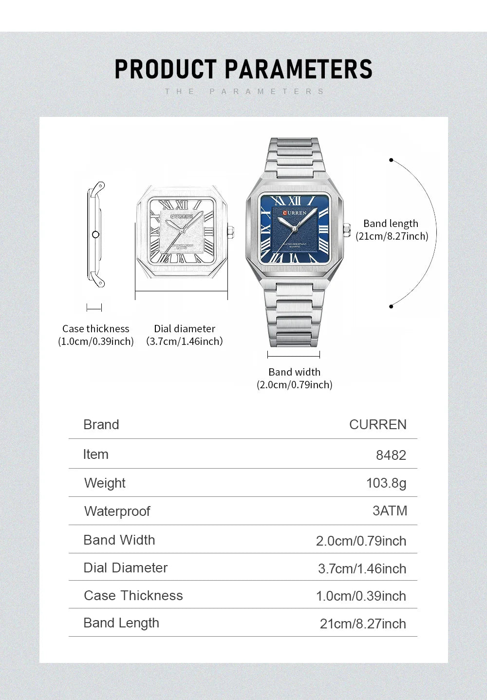 CURREN 8482 Men's Classic Square Watch – Stainless Steel with Blue Roman Numeral Dial