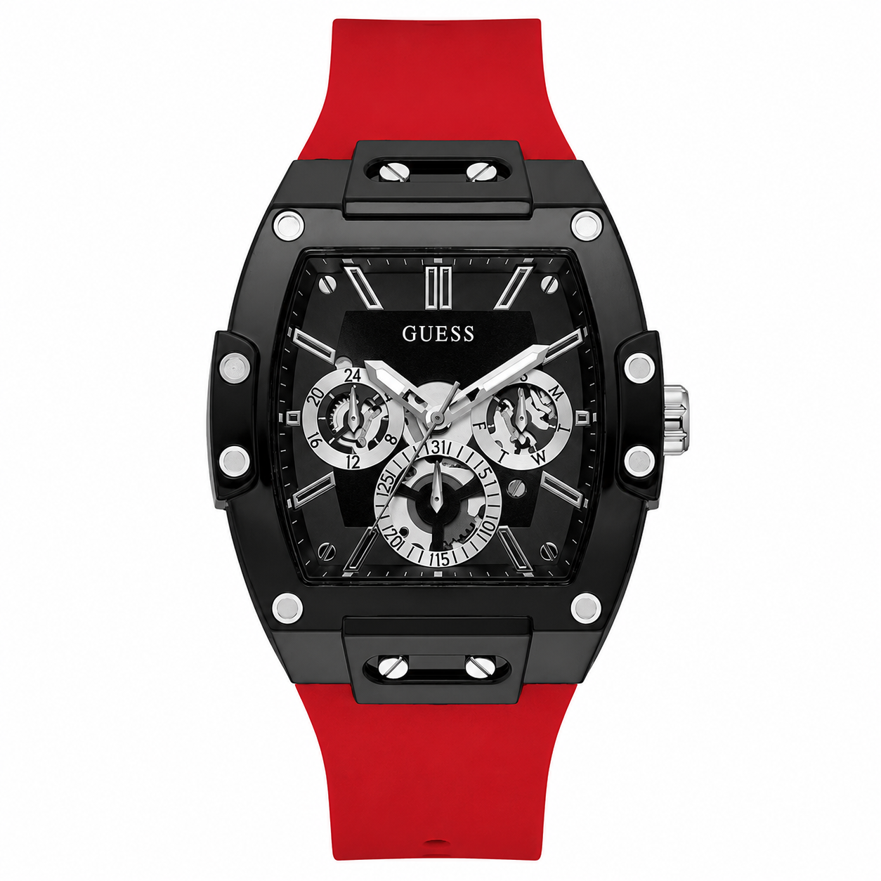 Guess Men’s Quartz Red Silicone Strap Black Dial 43mm Rectangle Watch GW0203G4