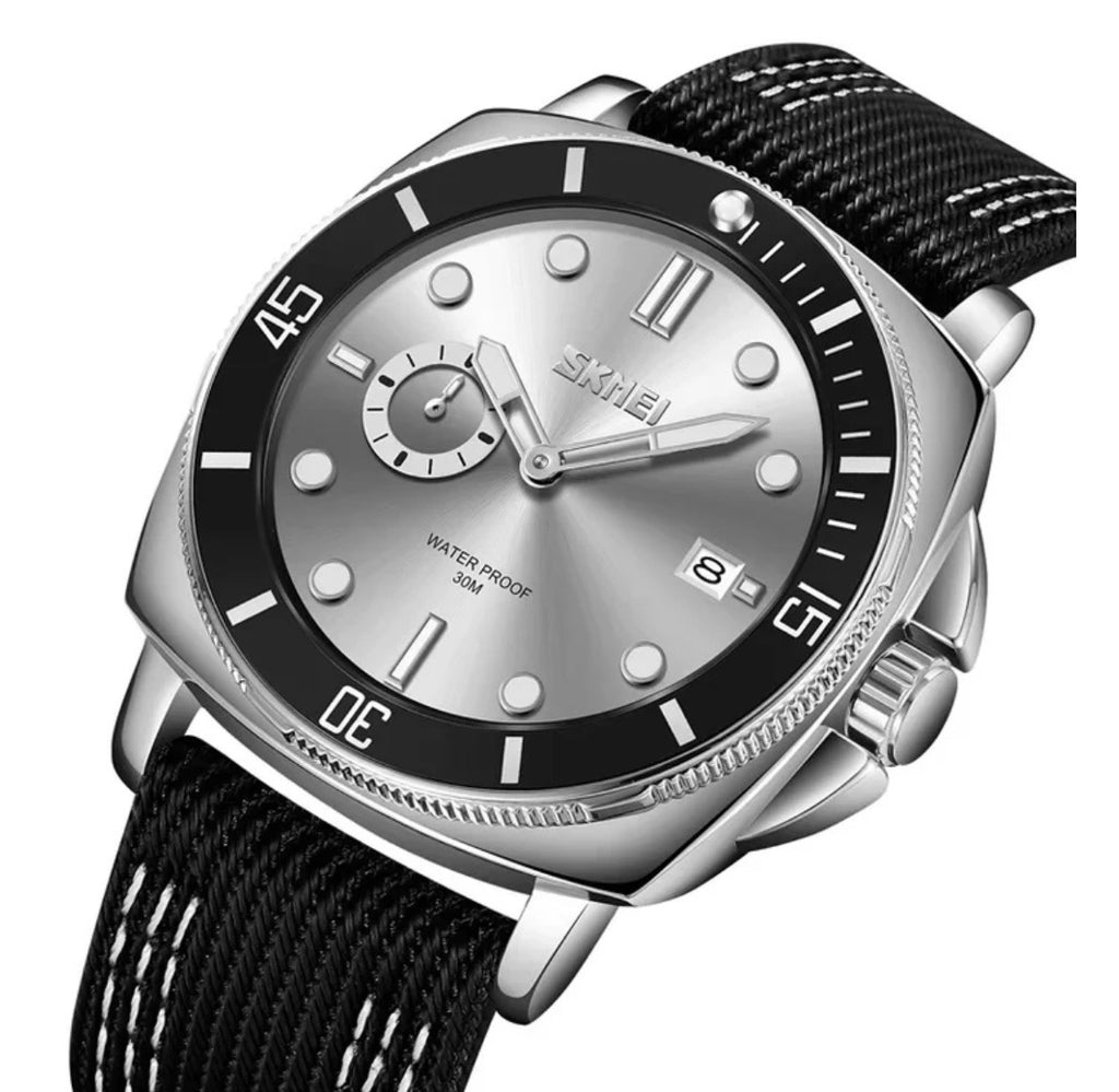 SKMEI 9328 Men's Casual Analog Quartz Watch – Silver Dial with Black Nylon Strap