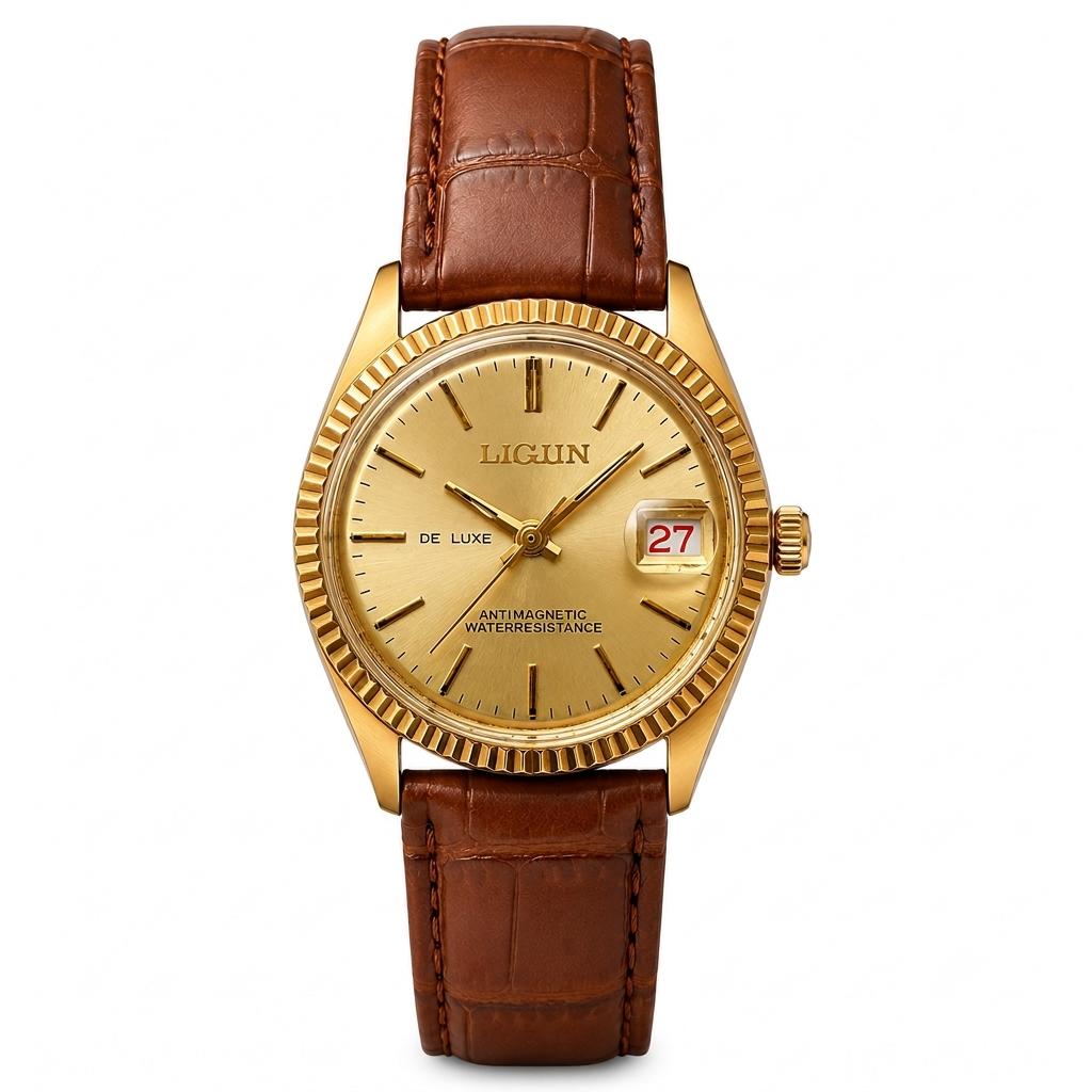 Pre-Owned Vintage Ligun De Luxe Swiss Parts Mechanical Hand-Wind Gold Watch with Fluted Bezel
