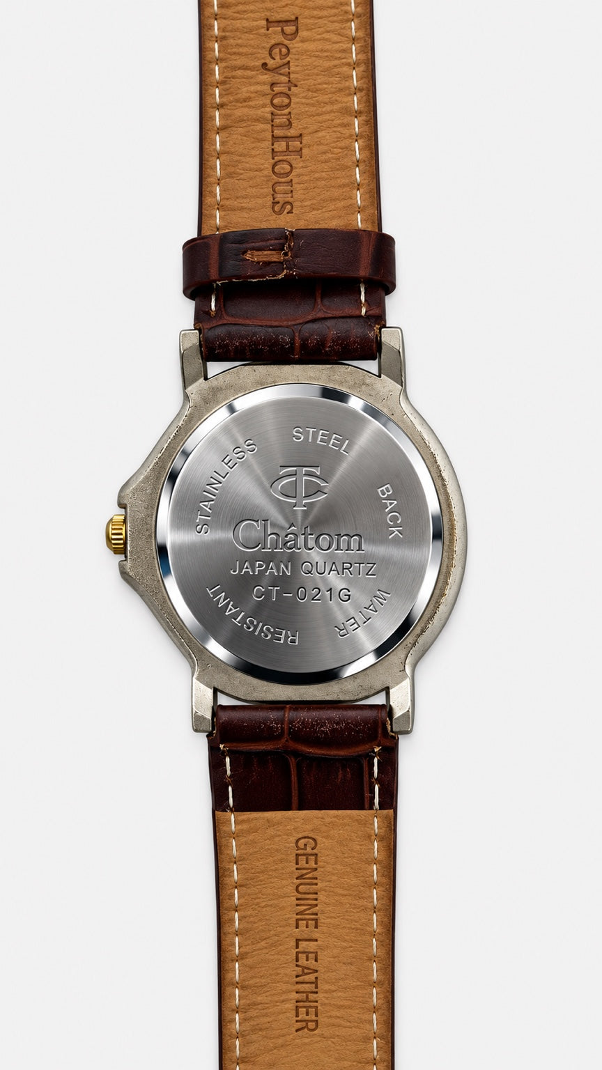 Chàtom CT-021G watch detail with brown genuine leather strap